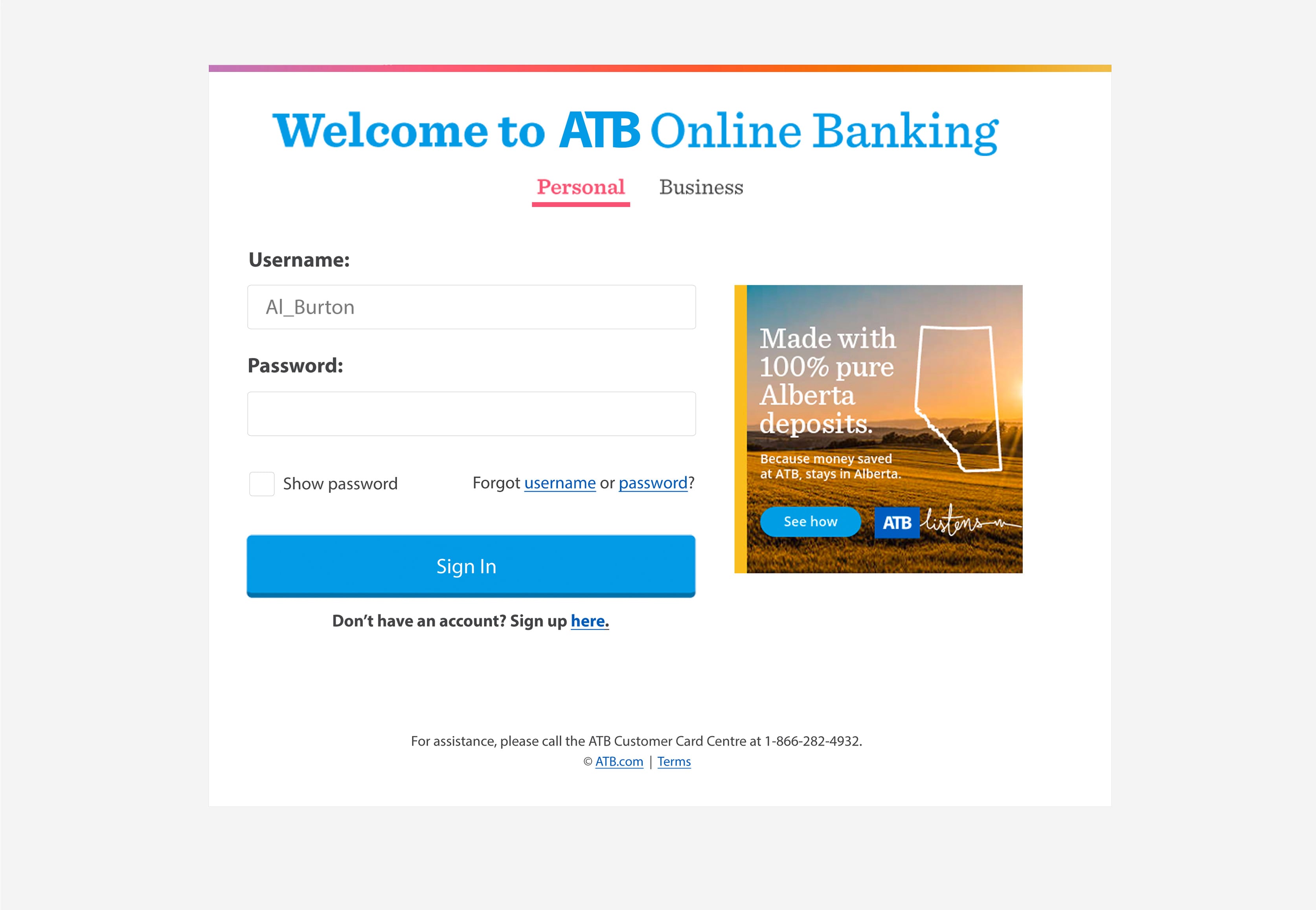 ATB Online login screenshot